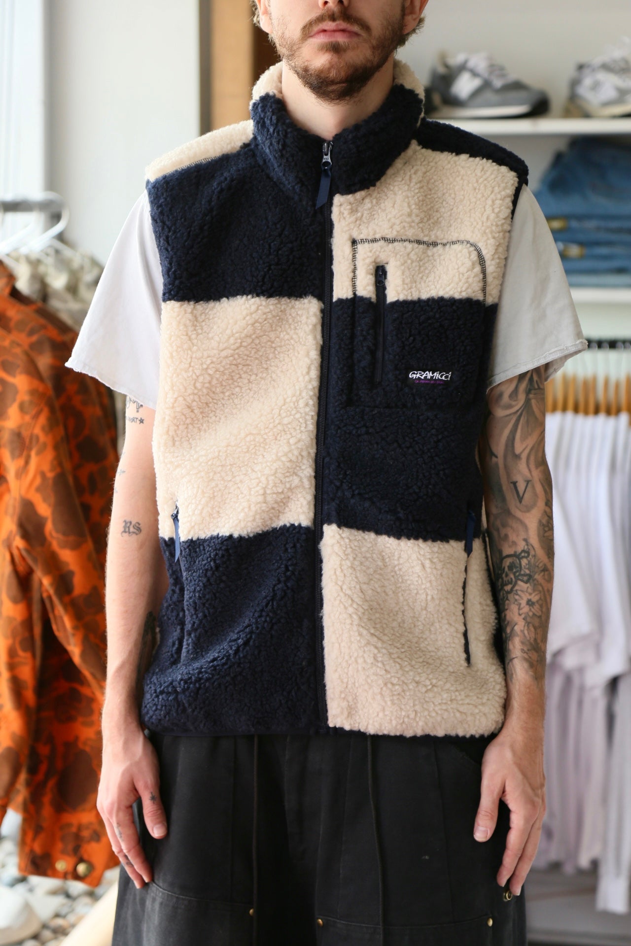 Checkered Sherpa Vest Navy Check