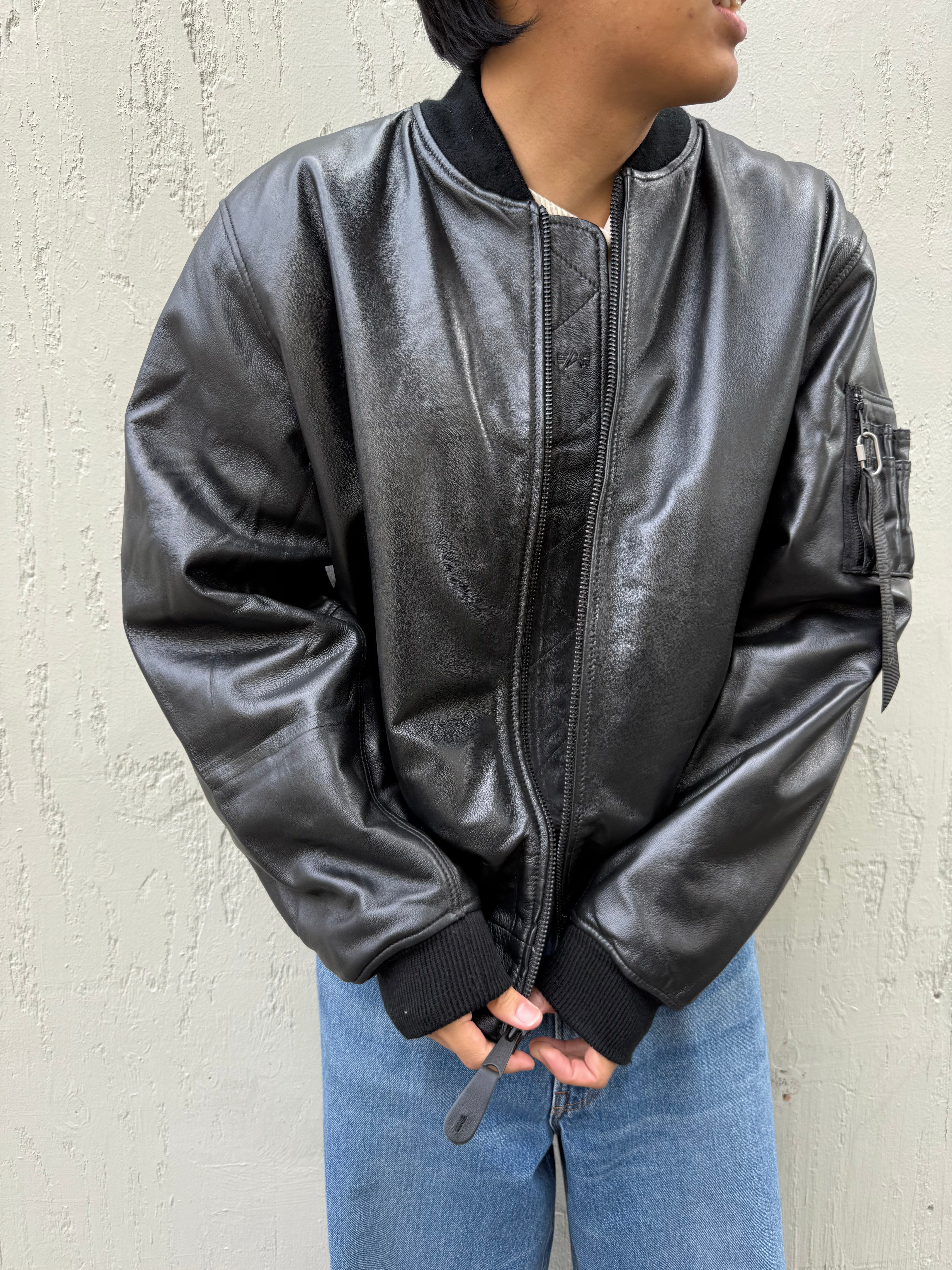 Leather MA-1 Flight Jacket Black