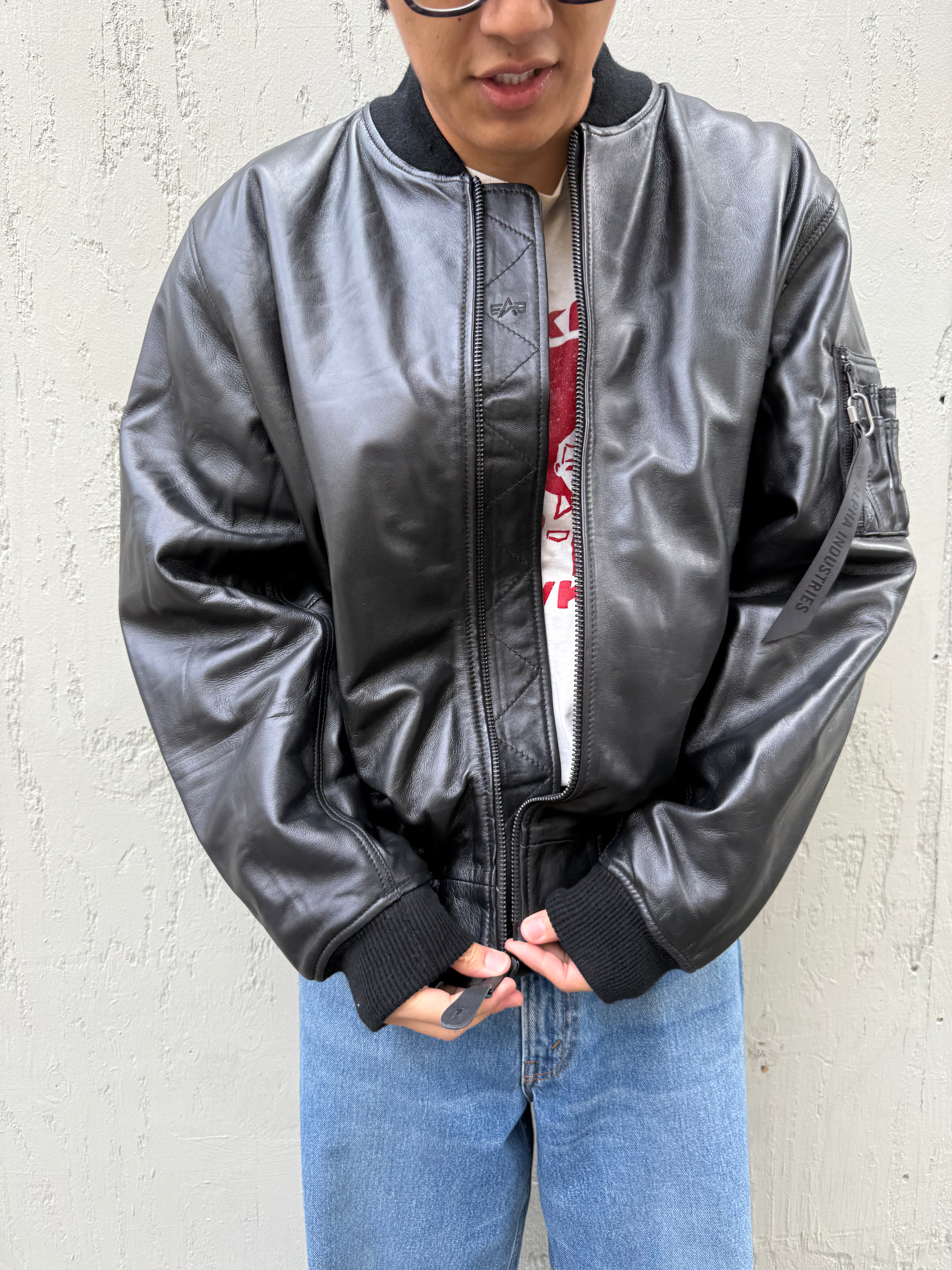 Leather MA-1 Flight Jacket Black