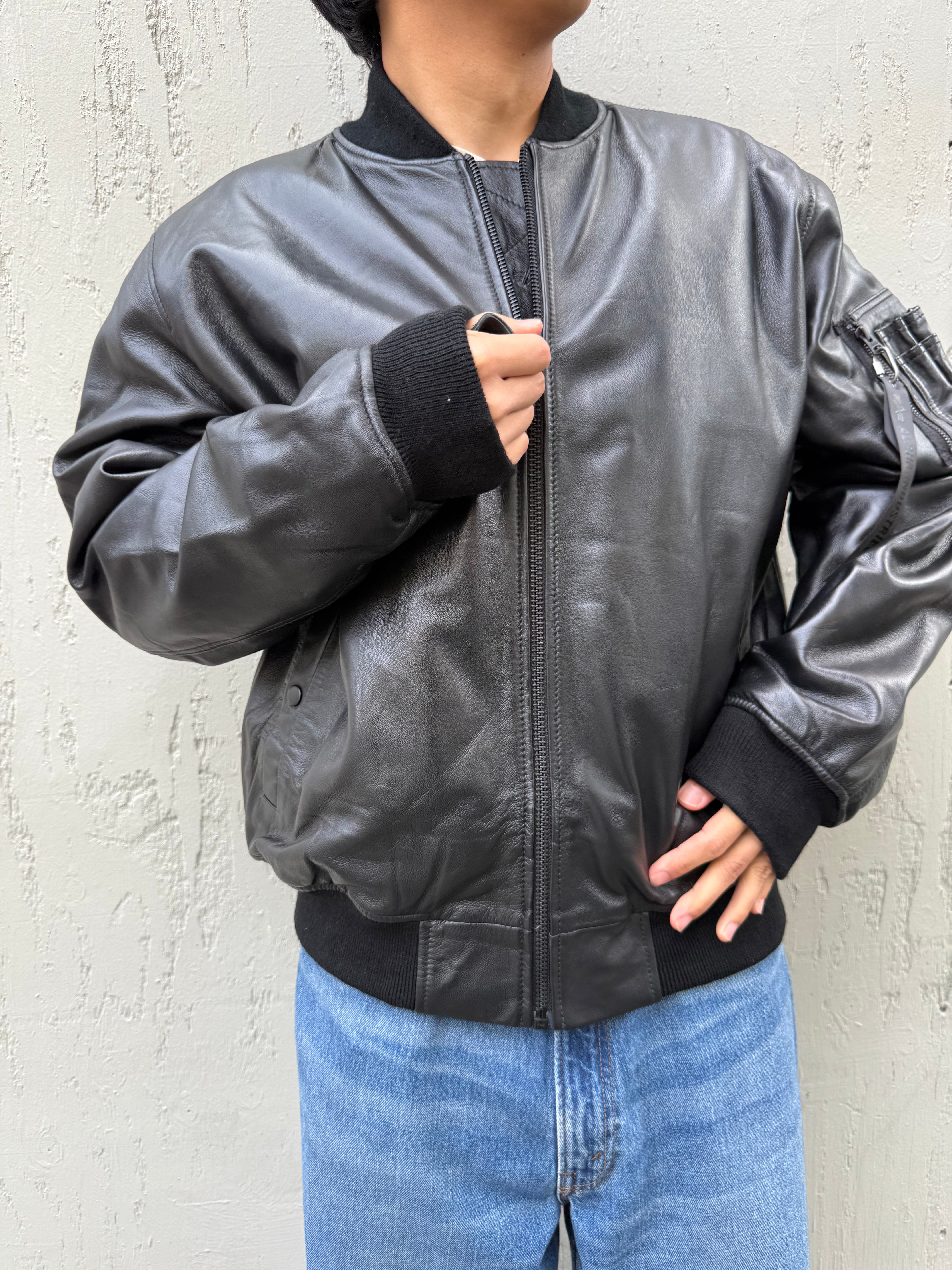 Leather MA-1 Flight Jacket Black