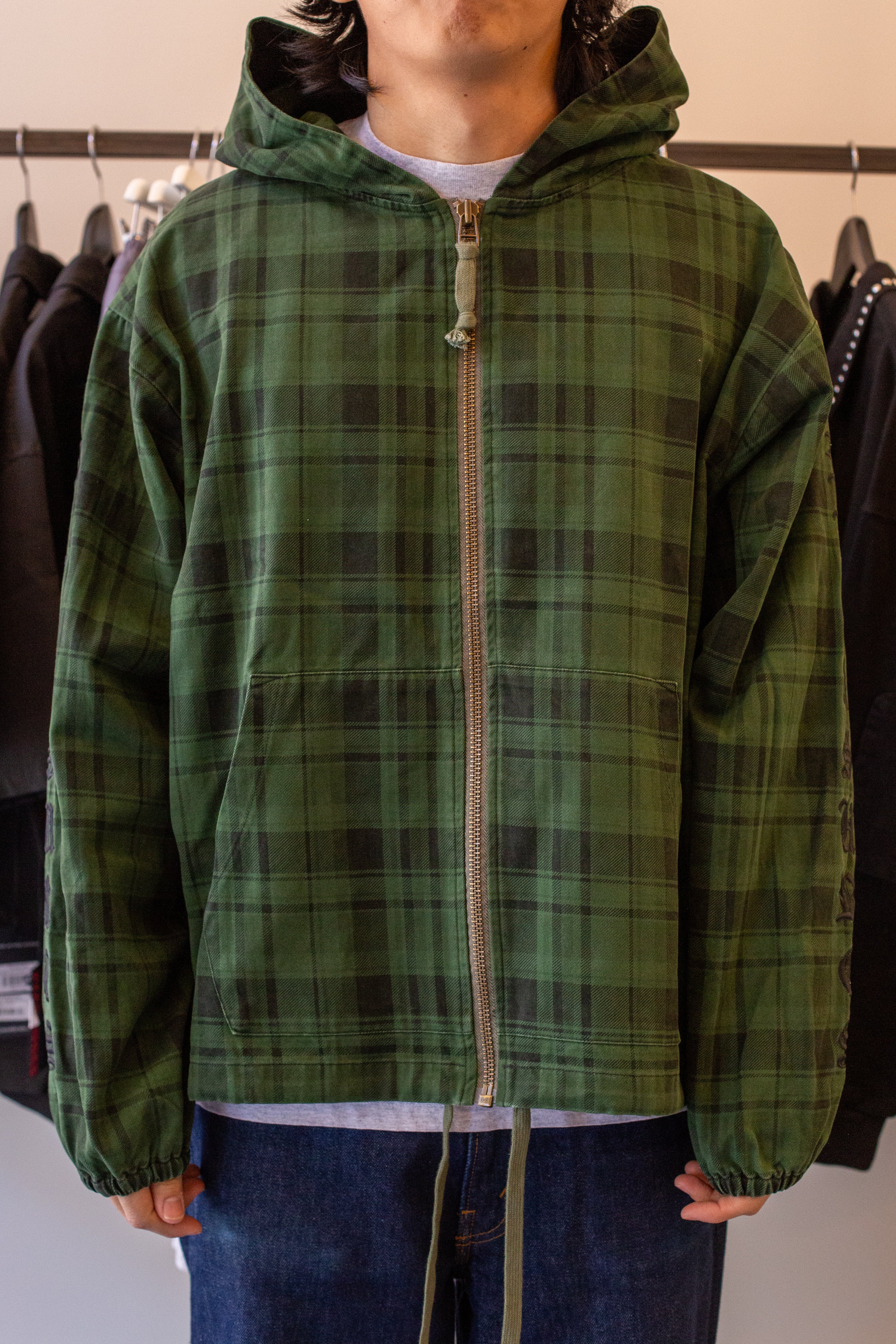 Dedicate Zip Poncho Hoodie Green Plaid